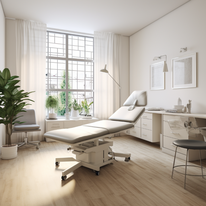 Behandlungsraum in hellen Farben; weiße Wände, Möbel und Vorhänge, in der Mitte des Raumes steht eine Patientenliege, Fußboden aus hellem Holz.