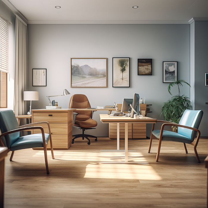 Sprechzimmer mit einem großen Schreibtisch aus hellem Holz und zwei blauen Stühlen; Bilder an der Wand und Pflanzen zur Dekoration, Fußboden aus hellem Holz.